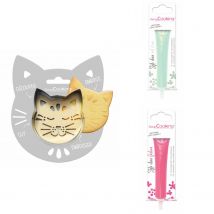 Kit Pour Biscuit En Relief Chat + 2 Stylos Au Chocolat Vert D'Eau Et Fuchsia - Scrapcooking