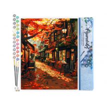Peinture Par Numéro Figured'art - Rue Du Café En Automne - Kit De Loisir Créatif Diy Numéro D'Art Complet - 40x50cm Sans Châssis En Bois