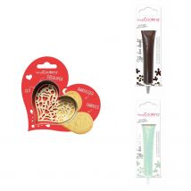 Kit Pour Biscuit En Relief Coeur + 2 Stylos Au Chocolat Marron Et Vert D'Eau - Scrapcooking