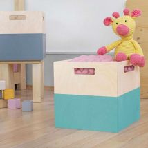 Boîte De Rangement Bois Modèle 1 - Poignées - Bleu Turquoise Et Bois Naturel - 33 X 33 X 37 Cm - Benlemi