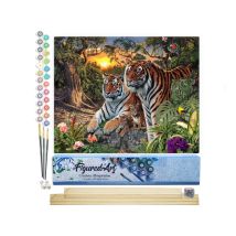 Peinture Par Numéro Figured'art - Famille De Tigre - Kit De Loisir Créatif Diy Numéro D'Art Complet - 40x50cm Toile Roulée + Châssis En Bois À Monter