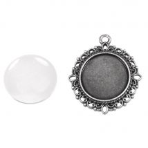 Mont.métal: Breloque Av.bord Déco, Ø3cm, Argent Ancien, Av. Cabochon, 1 Set - Rayher