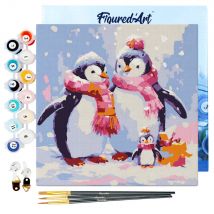 Mini Peinture Par Numéro Figured'art 20x20cm Avec Cadre Famille De Pingouins Sous La Neige - Petit Format