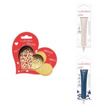 Kit Pour Biscuit En Relief Coeur + 2 Stylos Au Chocolat Blanc Et Bleu Nuit - Scrapcooking