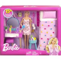 Coffret Barbie : La Chambre À Couché + Coiffeuse + Poupée Mannequin + Chat + 18 Accessoires - Mattel - Hpt55 - Barbie