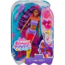Poupee Barbie Mermaid Power : Sirene Brooklyn Cheveux Violet Et Rose + Oiseau + 3 Accessoires - Mattel - Hhg53 - Barbie