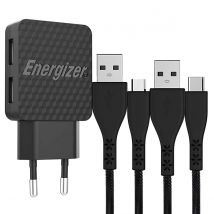 Energizer Chargeur Secteur Compact 2 Ports Usb-a 12w 2.4a Avec Deux Câbles Inclus Noir - Energizer