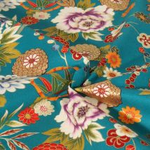 Tissu Coton Imprimé Motifs Floraux Japonais Sur Fond Bleu Turquoise - Au Mètre - Craftine
