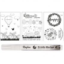 Modèles Fenêtre Printempsetpâques, 3modèles+1 Marqueur Craie, Boite 1kit - Rayher