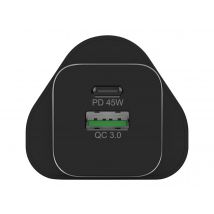 Port Connect Chargeur Mural Gan Usb-c Power Delivery & Usb-a Quick Charge 45w Avec Câble Type C 2 Mètres Noir Prise Uk - Port Designs