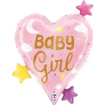 Ballon Aluminium Hélium - Coeur Baby Girl Etoiles 62 Cm - GRABO