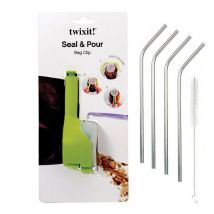 Pince À Sachet Avec Bec Verseur + 4 Pailles En Inox - Youdoit