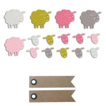 20 Formes Découpées Moutons Rose-vert Taupe + 20 Étiquettes Kraft Fanion - Youdoit