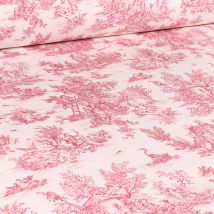 Tissu Coton Imprimé Grande Largeur Jouy Rouge Sur Fond Blanc Cassé - Au Mètre - Craftine