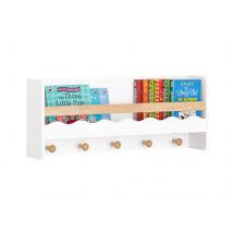 Sobuy Kmb78-w Étagère Murale Étagère De Rangement Suspendue Porte-manteau Pour Enfants Étagère À Livres Bibliothèque Murale Avec 5 Crochets - Sobuy