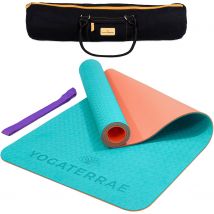 Tapis De Yoga Turquoise Corail Tpe Dim. 183x61x0,6 Cm + Sangle De Transport Et D’étirements + Sac - YOGATERRAE