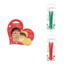Kit Pour Biscuit En Relief Coeur + 2 Stylos Au Chocolat Vert Et Rouge - Scrapcooking