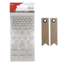 174 Stickers Coeurs À Paillettes Argenté-blanc-rouge + 20 Étiquettes Kraft Fanion - Youdoit