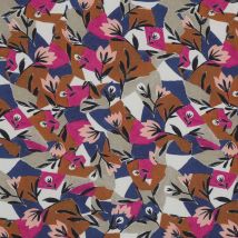 Tissu Viscose Digital Fleuris Rose Et Marron Sur Fond Bleu Ancien - Craftine