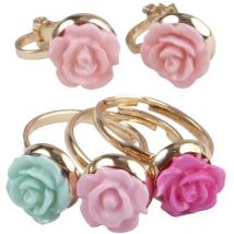 Set 3 Bagues Et 1 Paire De Boucles D'Oreilles Clip Rose - Great Pretenders