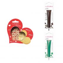 Kit Pour Biscuit En Relief Coeur + 2 Stylos Au Chocolat Marron Et Vert - Scrapcooking
