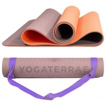 Tapis De Yoga Beige Corail Tpe Dim. 183x61x0,6 Cm + Sangle De Transport Et D’étirements En Coton - YOGATERRAE