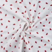 Tissu Double Gaze De Coton Coccinelles Rouges Sur Fond Blanc - Au Mètre - Craftine