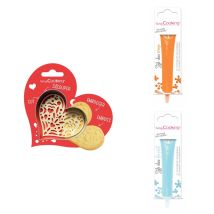 Kit Pour Biscuit En Relief Coeur + 2 Stylos Au Chocolat Orange Et Bleu Pastel - Scrapcooking