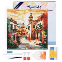 Mini Diamond Painting Broderie Diamant Figured’art 25x25cm Toile Tendue Sur Châssis En Bois - Diamants Ronds - Église De Village Ensoleillé - 