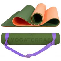 Tapis De Yoga Vert Kaki Corail Tpe Dim. 183x61x0,6 Cm + Sangle De Transport Et D’étirements En Coton - YOGATERRAE