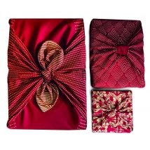 Lot De 3 Emballage Papier Cadeau Réutilisable Coton Recyclé Tissu Furoshiki Ecologique Rouge Bordeaux Design Créatrice Famille Aventureuse - Carédeau