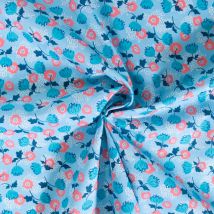 Tissu Coton Imprimé Fleuris Jules Sur Fond Bleu - Au Mètre - Craftine