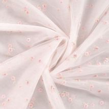 Tissu Tulle Souple Mira Fleurs Roses Brodés Sur Fond Rose Bébé - Craftine