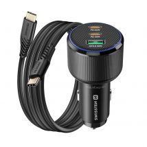 Swissten Chargeur Voiture 2x Usb-c Pd 65w Et 30w Usb 3.0 Qc 30w Avec Câble Usb-c Noir