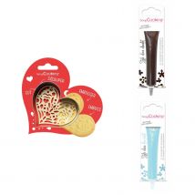 Kit Pour Biscuit En Relief Coeur + 2 Stylos Au Chocolat Marron Et Bleu Pastel - Scrapcooking