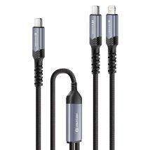 Swissten Câble 5a Synchro Et Charge 2-en-1 Usb-c Vers Usb-c Et Lightning 100w 1,5m Noir