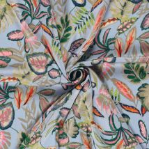 Tissu Satiné Bubble Feuilles Vertes Sur Fond Bleu Ciel - Craftine