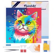 Mini Diamond Painting Broderie Diamant Figured’art 25x25cm Toile Tendue Sur Châssis En Bois - Diamants Ronds - Chat Abstrait Pop Art - Figured'Art