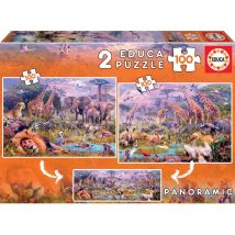 Puzzle Panoramique - Les Animaux Sauvages - Jungle - 2 Modèles De 100 Pièces - Educa Borras