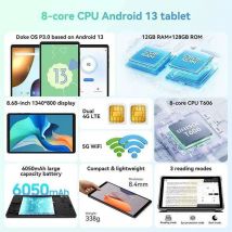 Blackview Tab 60 - Tablette Android 13, Écran 8.68 Pouces (22 Cm), Wifi / Bluetooth 5 + Ram 6 Go + Stockage 128 Go + Caméra Principale 8 Mpx + T606 +