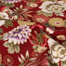 Tissu Coton Imprimé Motifs Floraux Japonais Dorés Sur Fond Rouge - Au Mètre - Craftine