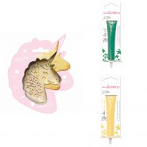 Kit Pour Biscuit En Relief Licorne + 2 Stylos Au Chocolat Vert Et Jaune Pastel - Scrapcooking