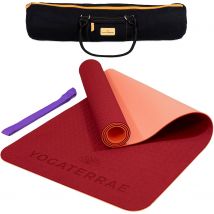 Tapis Yoga Bordeaux Corail Tpe Dim. 183x61x0,6 Cm + Sangle De Transport Et D’étirements + Sac Coton - YOGATERRAE