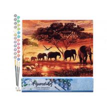 Peinture Par Numéro Figured'art - Eléphants Au Coucher Du Soleil - Kit De Loisir Créatif Diy Numéro D'Art Complet - 40x50cm Sans Châssis En Bois