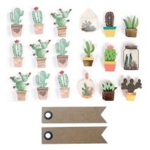 18 Stickers 3d Cactus + 20 Étiquettes Kraft Fanion - Graine Creative