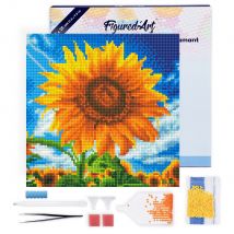 Mini Diamond Painting Broderie Diamant Figured’art 25x25cm Toile Tendue Sur Châssis En Bois - Diamants Ronds - Tournesol Éclatant Au Soleil - 