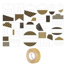 21 Étiquettes Perforées Noir, Doré & Blanc + Masking Tape Doré À Paillettes 5 M - Youdoit