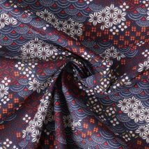 Tissu Coton Cretonne Shogun Motifs Traditionnels Japonais Sur Fond Bleu - Craftine
