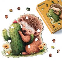 Puzzle En Bois Adulte Et Enfant Figured'art 200 Pièces Animaux - Hérisson Et Cactus - Design Original 28,2x28,5 Cm Forme Unique Avec Coffret En Bois