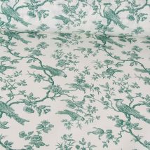 Tissu Coton Imprimé Aspect Toile Mesange Vert Sur Fond Blanc - Au Mètre - Craftine